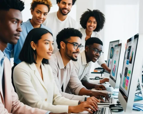criadores de conteudo digital , designer grafico, realista e trasmitido credibilidade com leveza trabalhando em seu computador e com roupas leves , pessoas pretas e brancas em imagem colorida