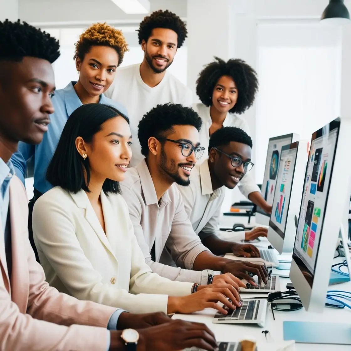 criadores de conteudo digital , designer grafico, realista e trasmitido credibilidade com leveza trabalhando em seu computador e com roupas leves , pessoas pretas e brancas em imagem colorida